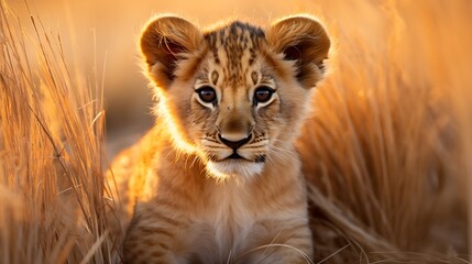 Wall Mural - Cute lion cub sitting in the long grass looking at camera