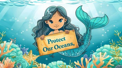 A whimsical cartoon illustration of a mermaid holding a sign that says 