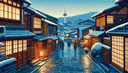 Concept of Kyoto in winter with snow. Vector illustration.