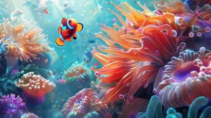 A vibrantly colored clownfish swims among the diverse and rich textures of a coral reef