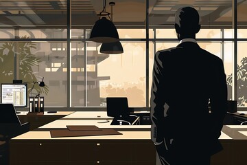 Wall Mural - Silhouette of the man in the office and corporate infographic