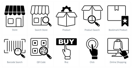 A set of 10 shopping icons as store, search store, product