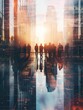 © Business Pics - Double exposure image of many business people conference group meeting on city office building in background showing partnership success of business deal. Concept of teamwork