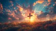 © Seksan - Cross on Golgotha Easter card, rays of light, spiritual greeting, serene clouds, divine landscape, religious inspiration