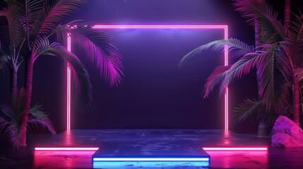 Wall Mural - Showcase the versatility of your merchandise with an image featuring a 3D rendering of an empty exhibition space or product stand embellished with palm trees and neon lights against a dark backdrop.