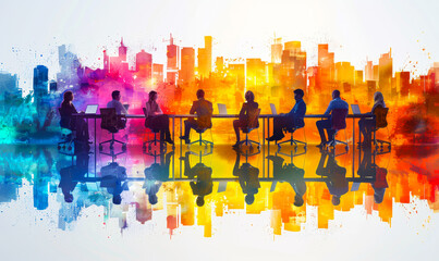Poster - Creative Business Team Meeting in Modern Office with Vibrant Cityscape Background and Reflection Discussing Strategic Planning and Collaborative Innovation During Daytime