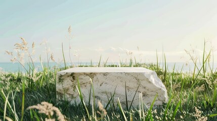Wall Mural - Emphasize the natural appeal of your brand with an image featuring a minimal stone podium complemented by gentle pastel hues, set amidst lush grass and natural sunshade.