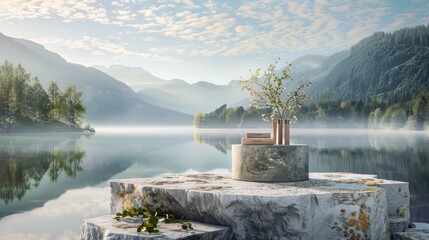 Wall Mural - Emphasize the connection between beauty and nature with a photo featuring a stone pedestal display showcasing cosmetics, set against the tranquil backdrop of a lake, with the morning sky.