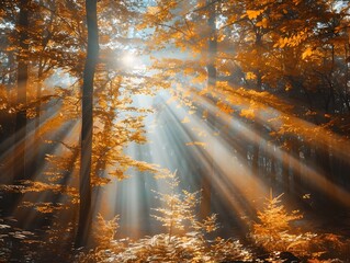 Sticker - Captivating Autumn Forest with Ethereal Sunlight Rays Breaking Through the Vibrant Foliage