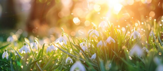 Wall Mural - beautiful spring background with snowdrops flowers in the meadow