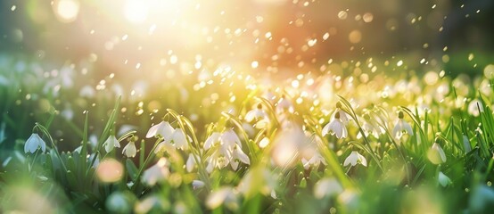 Wall Mural - beautiful spring background with snowdrops flowers in the meadow