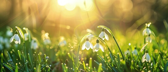 Wall Mural - beautiful spring background with snowdrops flowers in the meadow