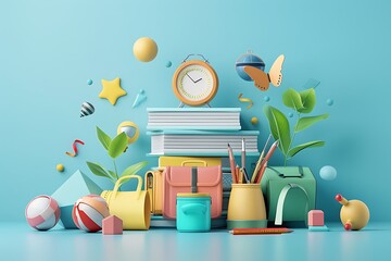 Sticker - Back to school education background concept with falling and balancing school accessories and items. 3D render illustration