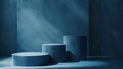 Wall Mural - Capture the elegance of product presentations with a photo featuring an abstract 3D dark blue cylinder pedestal podium set against a luxurious dark blue wall scene.