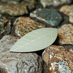 Wall Mural - Natural design leaf-shaped blank business card on a stone surface.