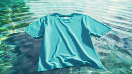 Wall Mural - Plain empty aquamarine t-shirt displayed over a serene tropical water surface.