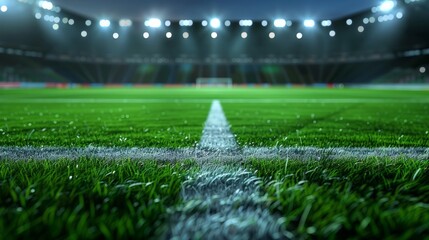 Close up soccer field lines. Background soccer pitch grass football stadium ground view. Grass macro in sports arena. with lights background