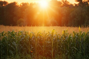Wall Mural - Corn plantation field at sunset time