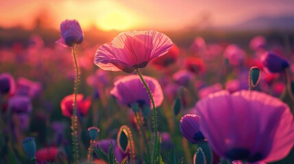 Sticker - Purple poppy blossoms in a field