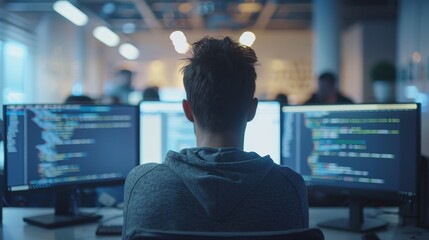 Technology Concept : a group man of developers with monitors showing lines of code in the office