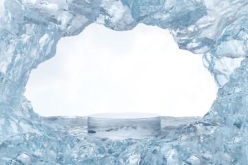 Wall Mural - abstact 3d render winter scene and natural podium background, ice podium on the ice mountain cave fo