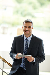 Aufkleber - Portrait, tablet and businessman with smile for communication, update and agenda in office. Digital technology, happy and male lawyer on stairs for social media, networking and research in company