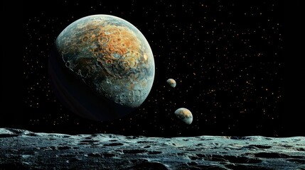 Wall Mural - A planet with two moons is floating in space