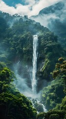 Canvas Print - Majestic Waterfall Cascading Through Lush Mountain Jungle Landscape with Serene Natural Beauty