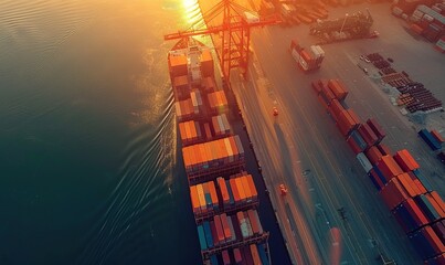 Poster - Top view of container cargo ship in logistics import export business and international with sunset light background.