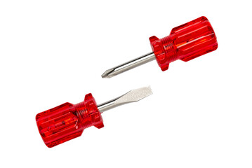 Miniature short-handled screwdrivers with red handle, isolated in white background