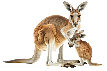 Kangaroo with joey in belly front bag isolated on transparent white background.