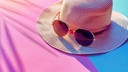 Summer Sun Style A sunhat and sunglasses cast a shadow on a pastel colored background, mimicking sunlight and evoking a sense of summertime relaxation and style