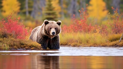Wall Mural - Grizzly Bear by Waters Edge Autumn Color Background Captive