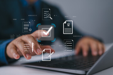 Poster - Businessman touching approved document icon on digital documents for approve business project proposals. Quality assurance and online evaluation of business concept.