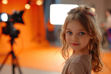 Little cute girl in a modeling agency or acting studio. Children's creativity. Generated by artificial intelligence