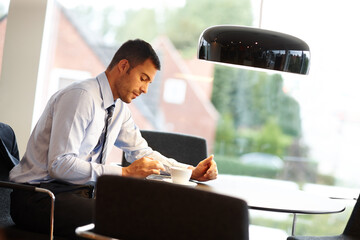 Aufkleber - Desk, typing and businessman with tablet for social media app, reading news and internet connection for legal article. Male lawyer, tech and research in office for online faq and update company blog