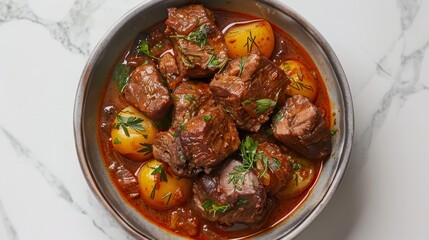 A bowl of stew with meat and potatoes