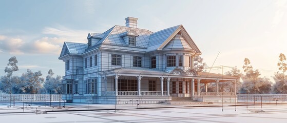 Wall Mural - 3d blueprint of a house with isolated background 