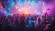 © Seksan - Hyper realistic night club crowd, panoramic view, cheering with colorful confetti and smoke, vibrant lighting