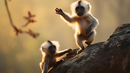 Langur with a cub jumping on a tree