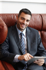 Aufkleber - Businessman, portrait and tablet in office with smile for career, work and company or corporate job. Lawyer, happy and technology in law firm for contract, clients and schedule or planning with pride