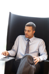 Aufkleber - Office, internet and businessman with tablet by desk for schedule, planning and reading online news. Corporate, lawyer and man with technology at law firm for legal website, research or communication