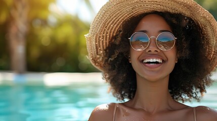 Sticker - beautiful woman laughing, with a summer hat and sunglasses, having fun at a pool party, happy