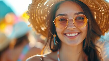 Wall Mural - beautiful woman with a joyful expression, wearing a sundress and hat