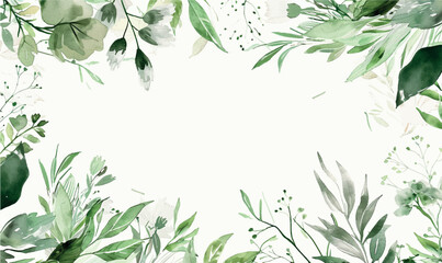 watercolor green leaves frame, background, template for design