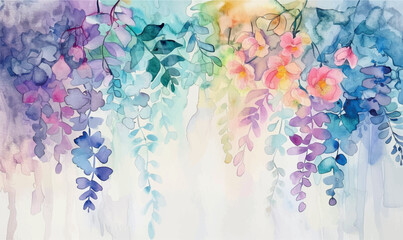 abstract watercolor background with splashes and wisteria flowers