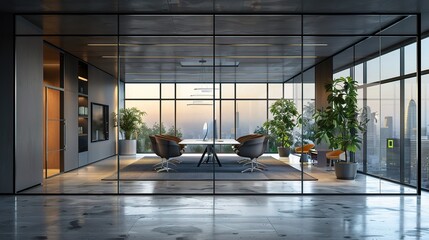 Poster - executives having a discussion in a glass-walled office,
