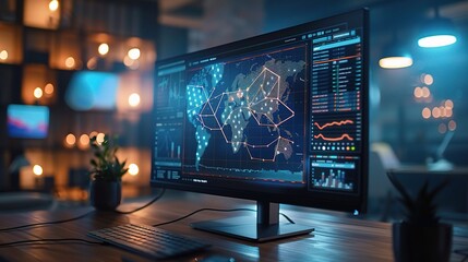 Poster - Finance technology displaying a blockchain transaction ledger on a monitor