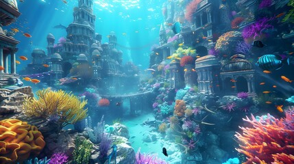 Colorful underwater city ruins with diverse marine life, vibrant coral reefs, and fish swimming through sunlit waters.