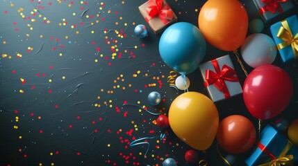 Birthday party theme, black background, colorful balloons, confetti, and gift boxes, festive celebration